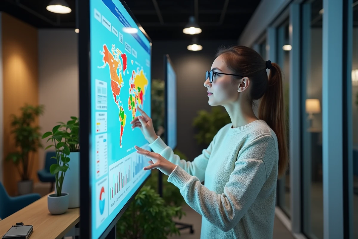 Jeune femme pointant un écran avec des graphiques SEO