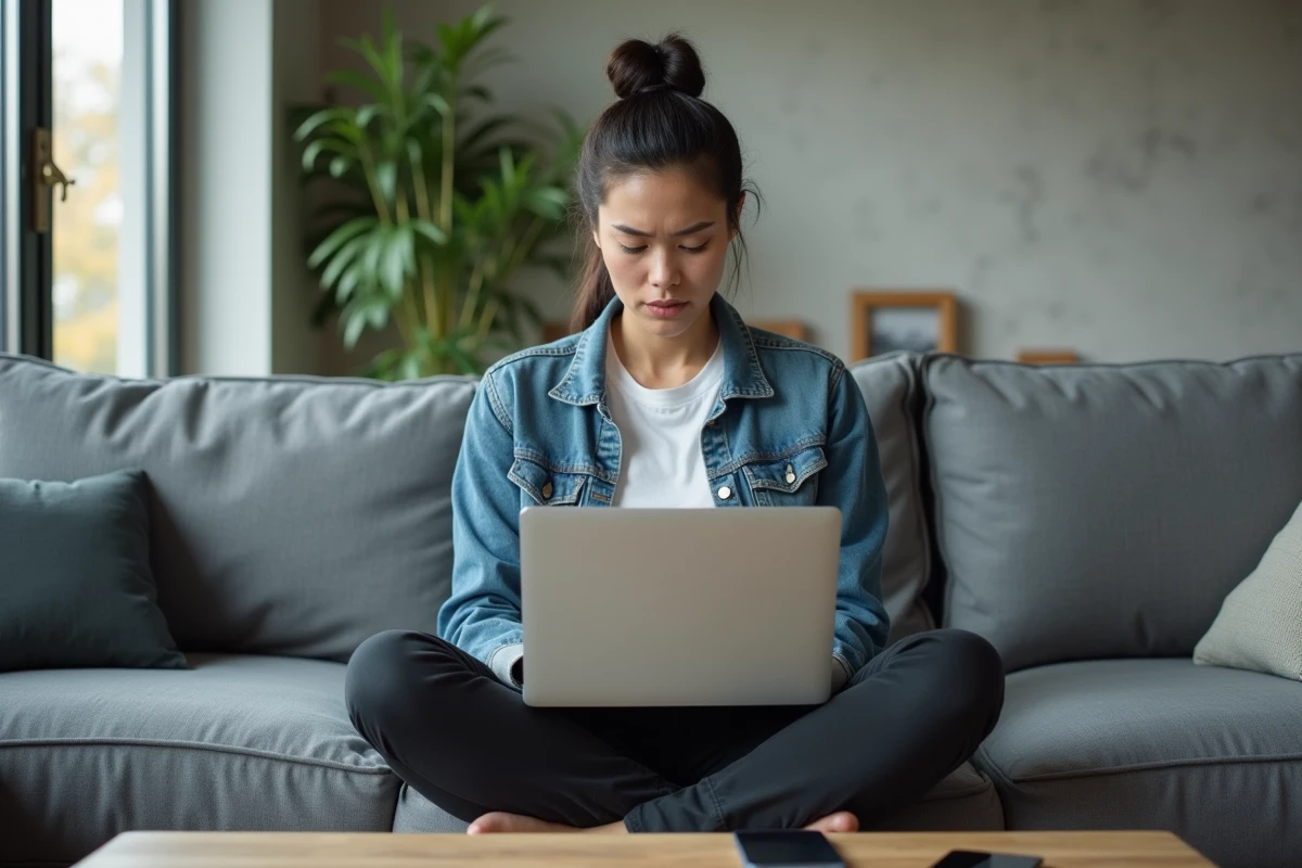 Femme recherchant des alternatives légales pour télécharger des fichiers après fermeture d'un site torrent
