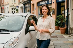 Femme souriante tenant des clés de voiture sans permis devant une agence de location en ville
