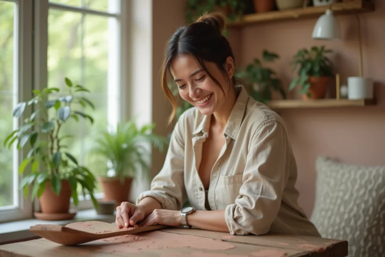 Femme souriante appliquant une finition en argile naturelle sur un mur intérieur
