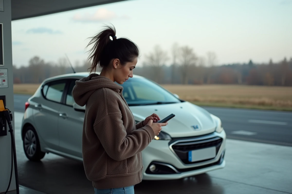 Femme anxieuse à la station essence près de sa voiture