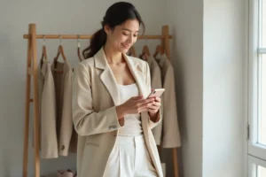 Jeune femme parcourant une application de mode sur son smartphone pour trouver des dupes Zara tendance sur Shein