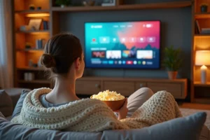 Jeune femme regardant un film en streaming sur son canapé avec du popcorn