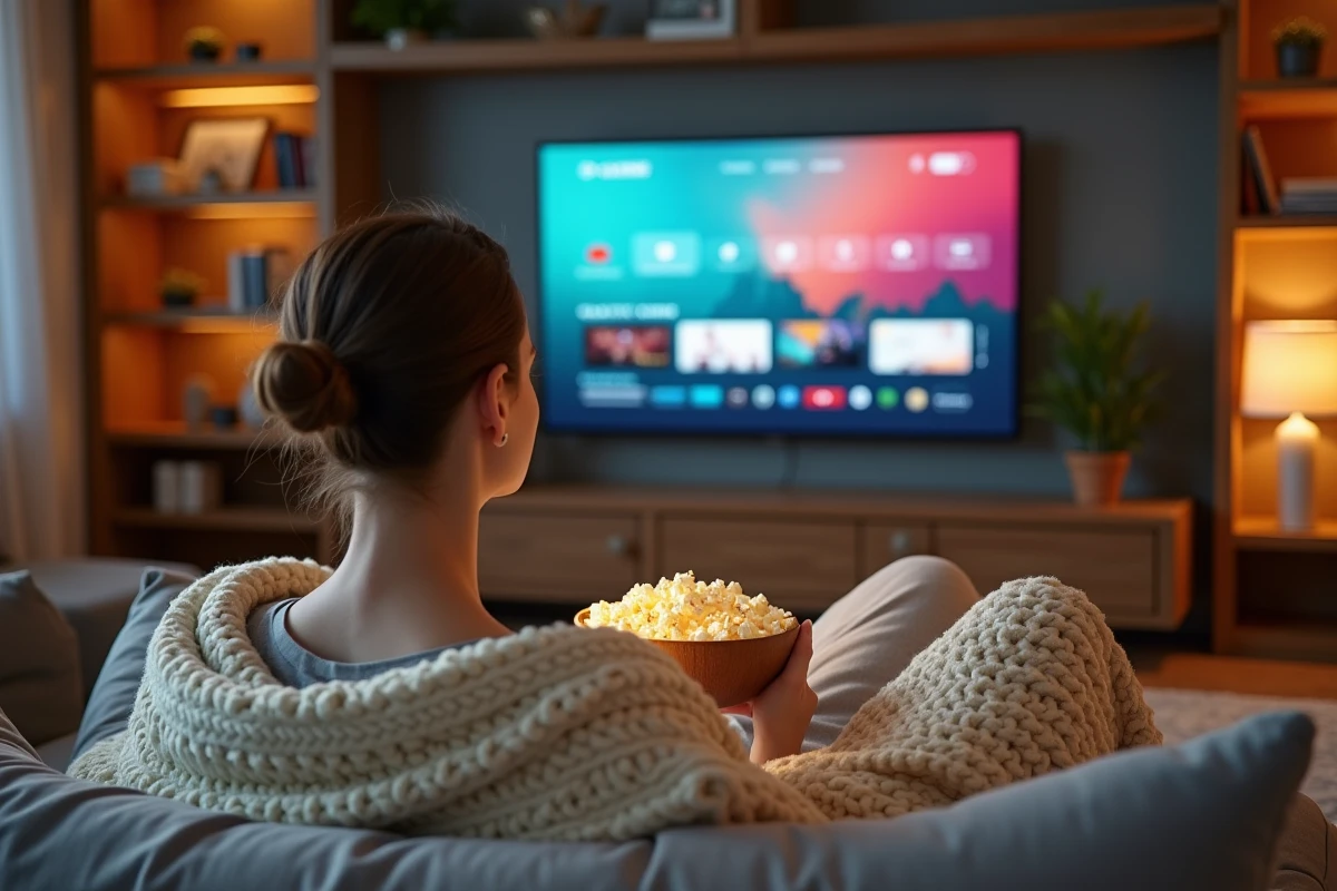Jeune femme regardant un film en streaming sur son canapé avec du popcorn