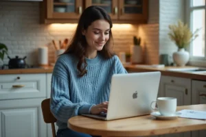 Femme en sweater bleu travaillant sur son ordinateur dans la cuisine