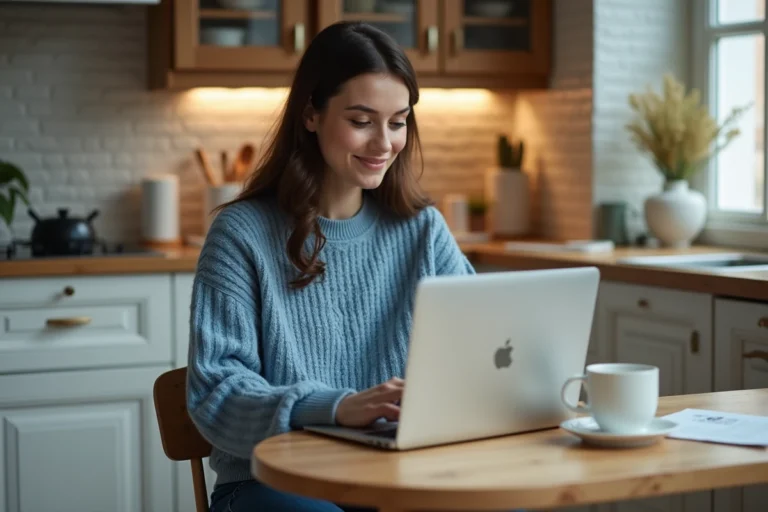 Femme en sweater bleu travaillant sur son ordinateur dans la cuisine