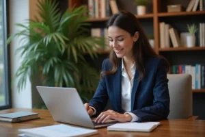 Jeune femme en bureau moderne recherche en ligne des cours