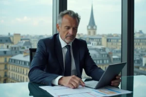 Homme d'affaires français en costume dans un bureau parisien