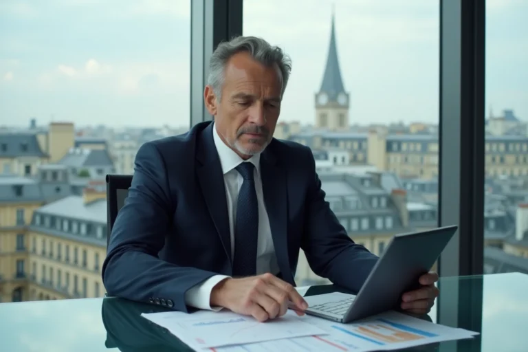 Homme d'affaires français en costume dans un bureau parisien