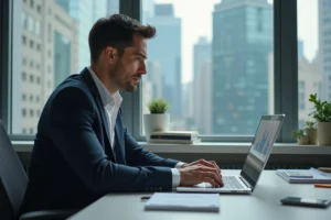 Homme d'affaires analysant des données sur son ordinateur