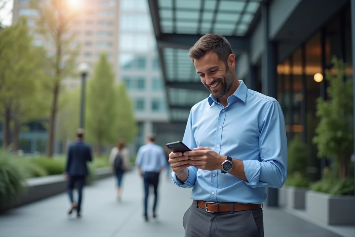 Homme d affaires souriant vérifiant son téléphone devant un bâtiment