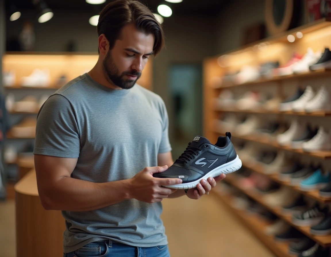 Un homme inspecte de près le logo d'une chaussure Skechers pour détecter une éventuelle contrefaçon