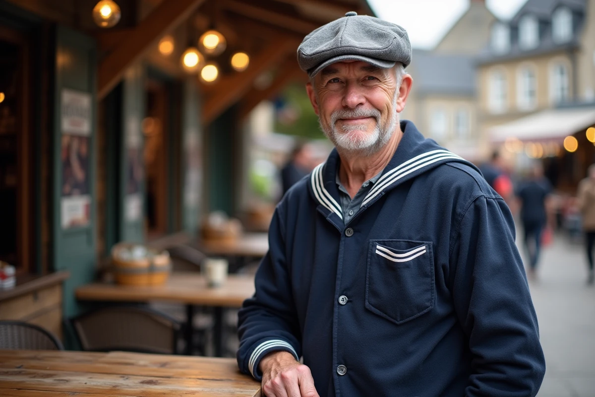 Homme dans un marché breton avec café en plein air