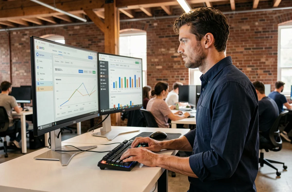 Homme développeur web debout à son bureau en espace de coworking travaillant sur l'optimisation SEO d'un site