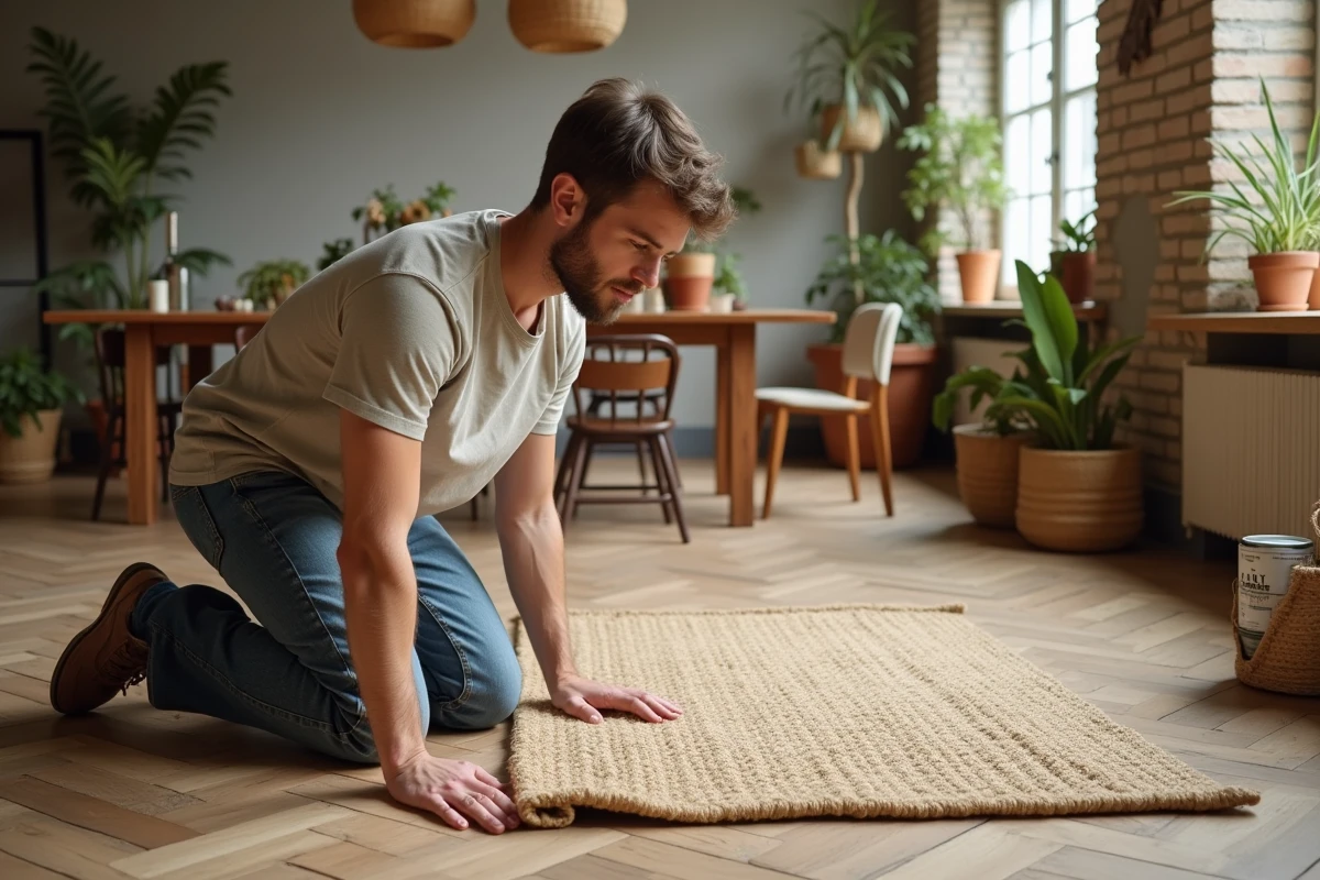 Jeune homme posant un tapis en jute dans une pièce écologique