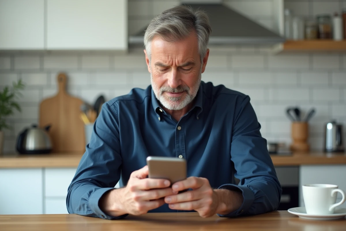 Homme d'âge mûr tentant de réinitialiser son mot de passe sur l'application Camieg depuis son smartphone