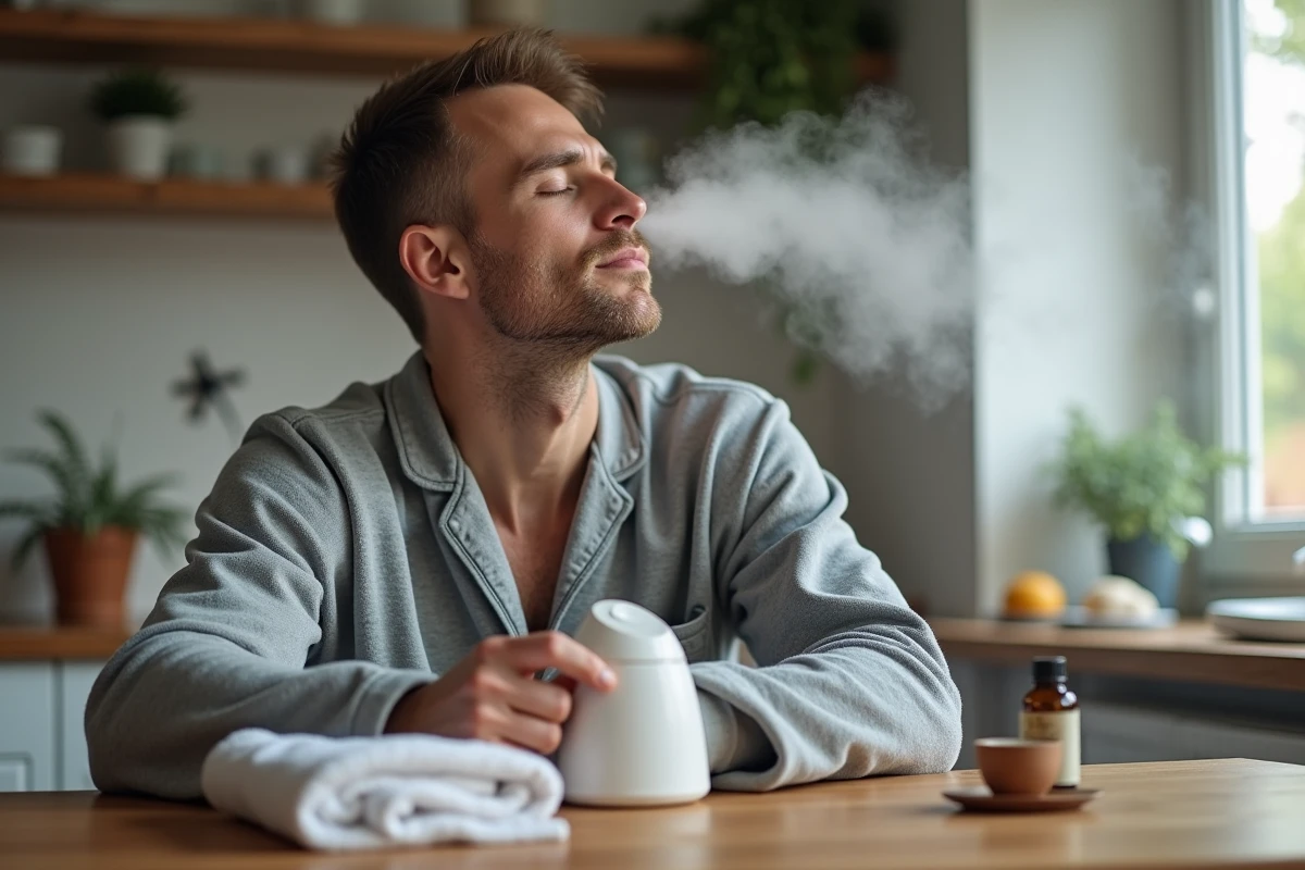 Homme en loungewear profitant d un soin visage à la maison