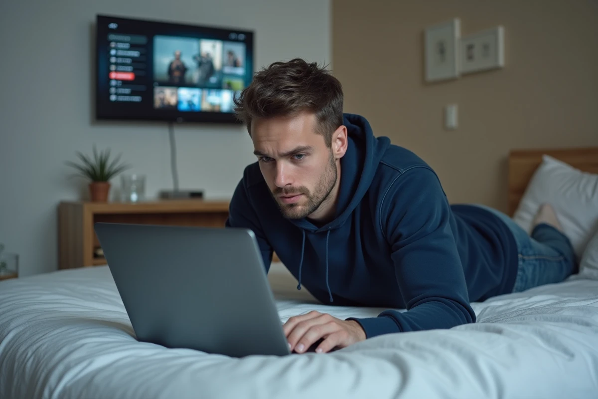 Homme regardant un service de streaming illimité sur son ordinateur portable dans sa chambre