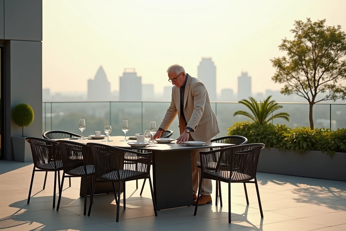 Homme arrangeant des chaises de terrasse moderne