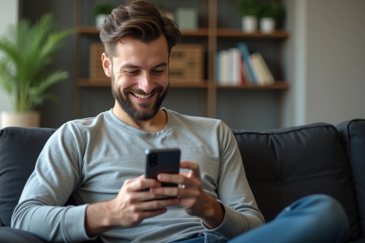 Homme en chemise grise utilisant son smartphone sur le canapé