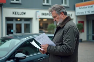 Homme français vérifiant documents devant voiture inspection