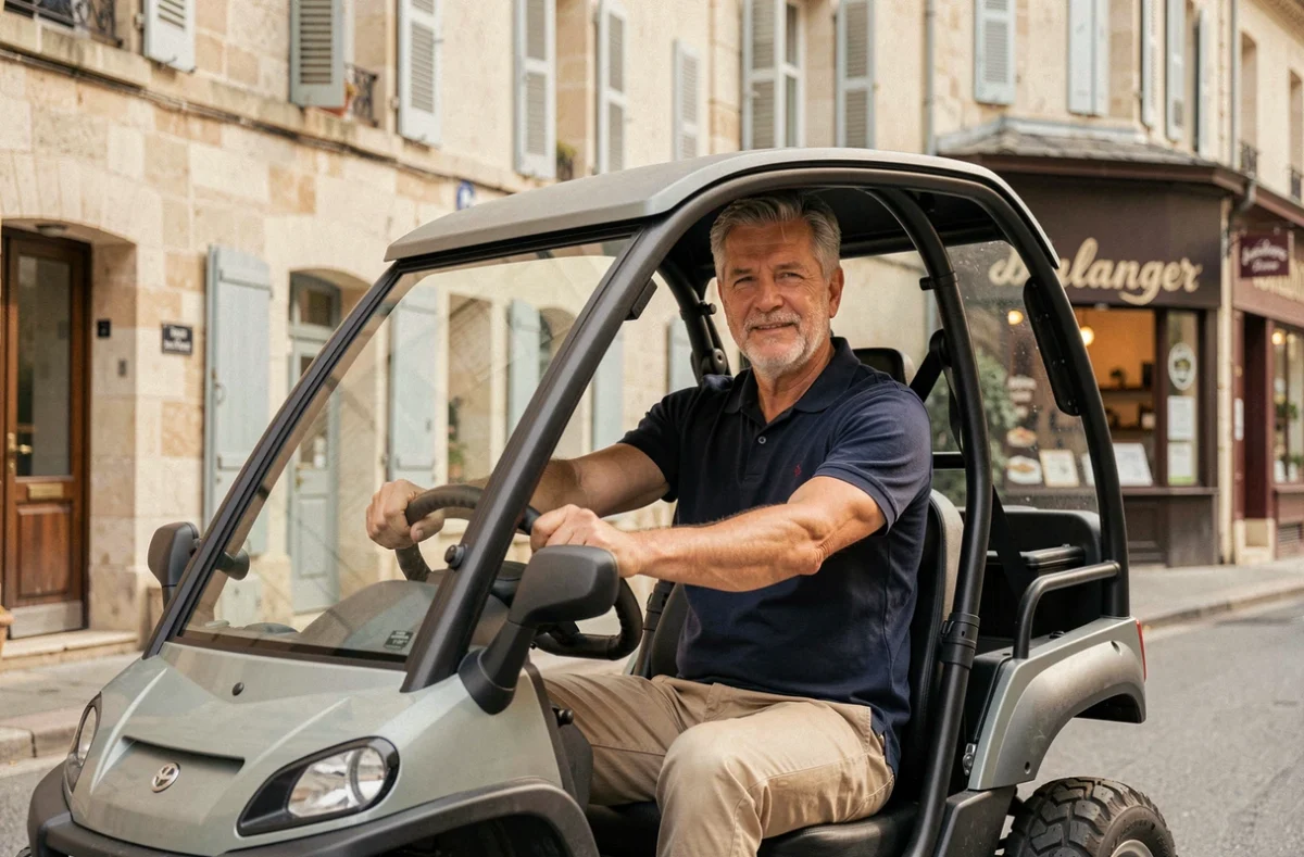 Homme d'âge mûr au volant d'une voiture sans permis dans une rue de village français