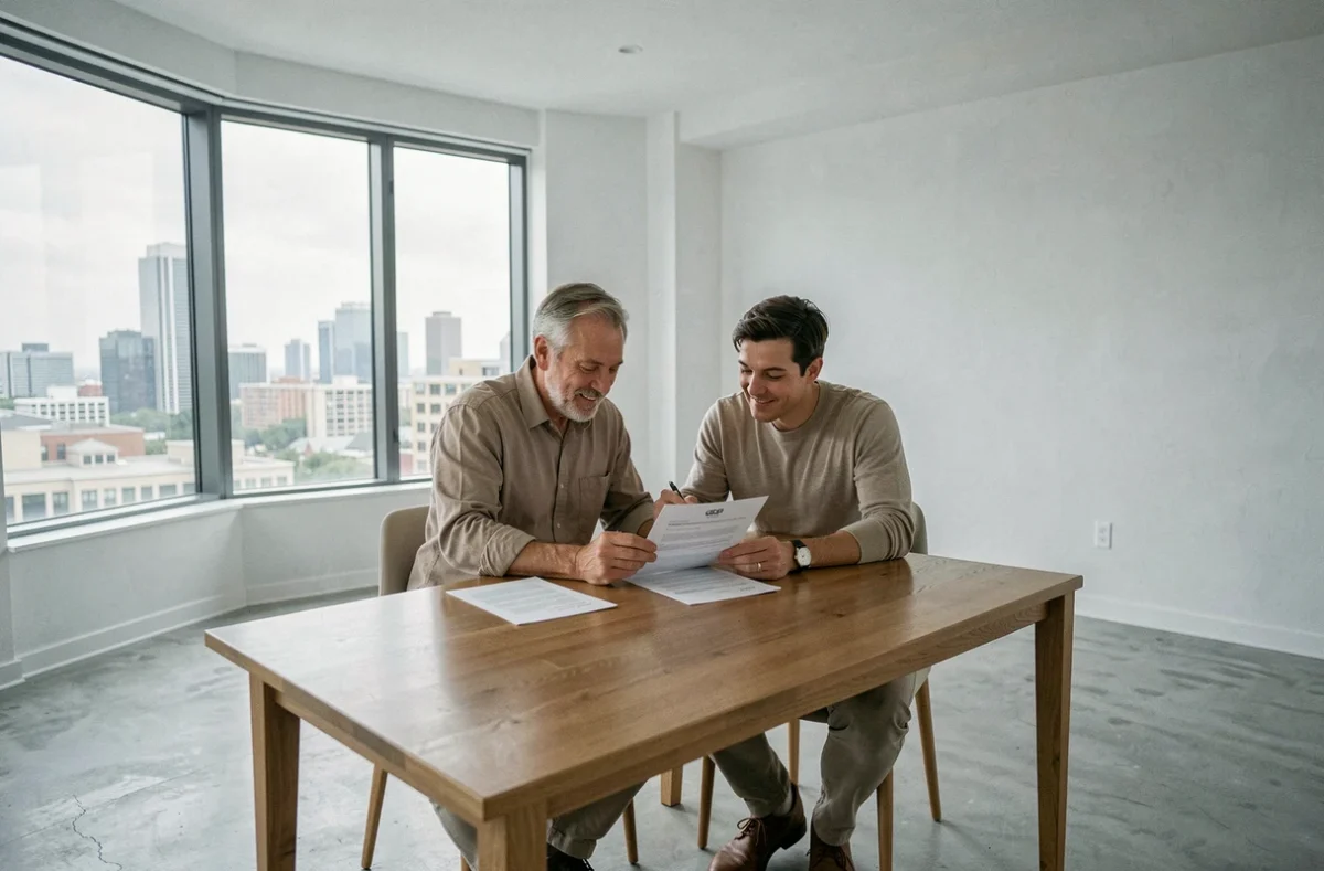 Couple examinant un contrat immobilier dans un appartement neuf vide avec sol en béton poli et vue urbaine