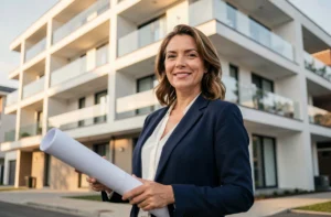 Femme investisseuse tenant des plans architecturaux devant un immeuble neuf moderne avec façades blanches et balcons vitrés