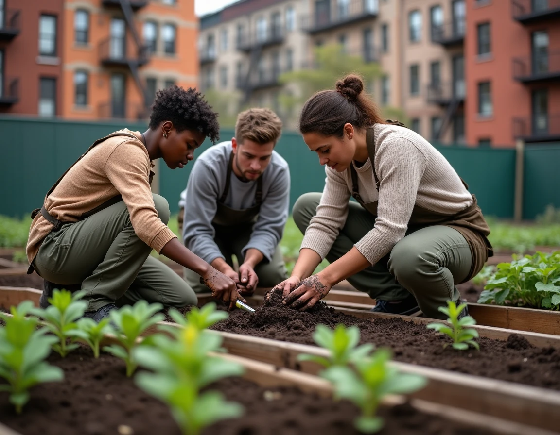 Groupe intergénérationnel travaillant ensemble dans un jardin communautaire urbain, symbolisant l'autogestion et la coopération collective