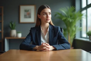 Jeune femme professionnelle assise en réunion avec un air concentré