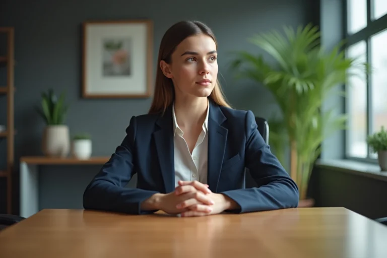 Jeune femme professionnelle assise en réunion avec un air concentré