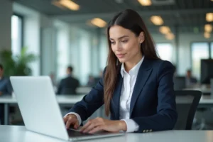 Jeune femme en blazer bleu met à jour son CV sur un ordinateur