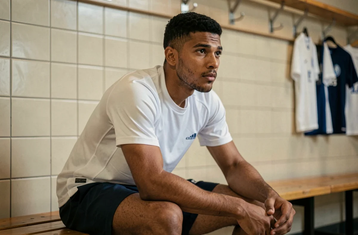 Jeune footballeur aux origines mixtes assis dans un vestiaire, illustrant le portrait d'un joueur professionnel à la carrière internationale