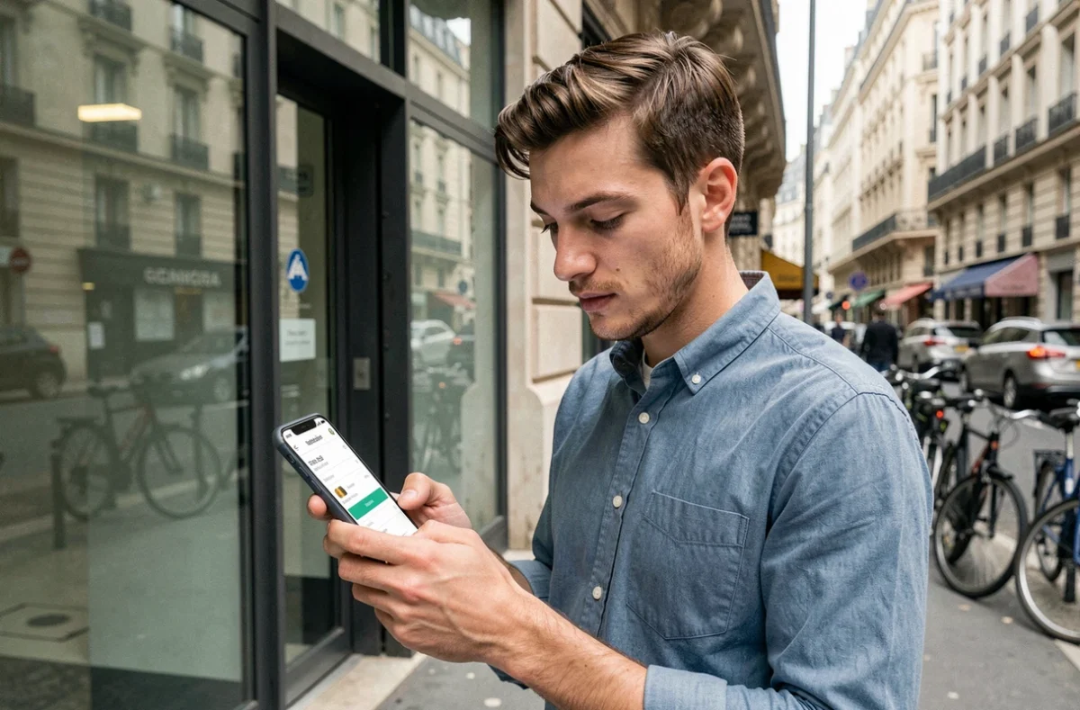 Jeune homme consultant une application de crédit en ligne devant une agence bancaire parisienne