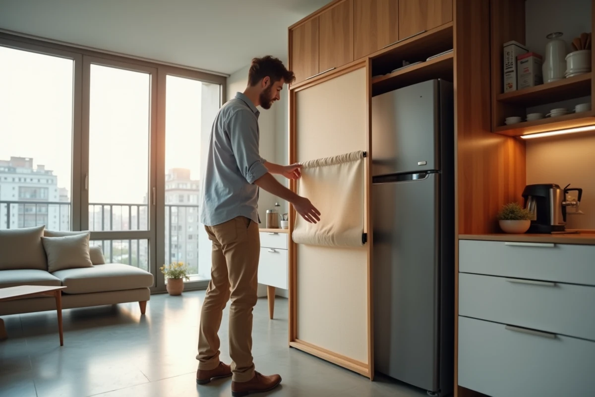 Jeune homme installant un panneau en bois devant un frigo moderne