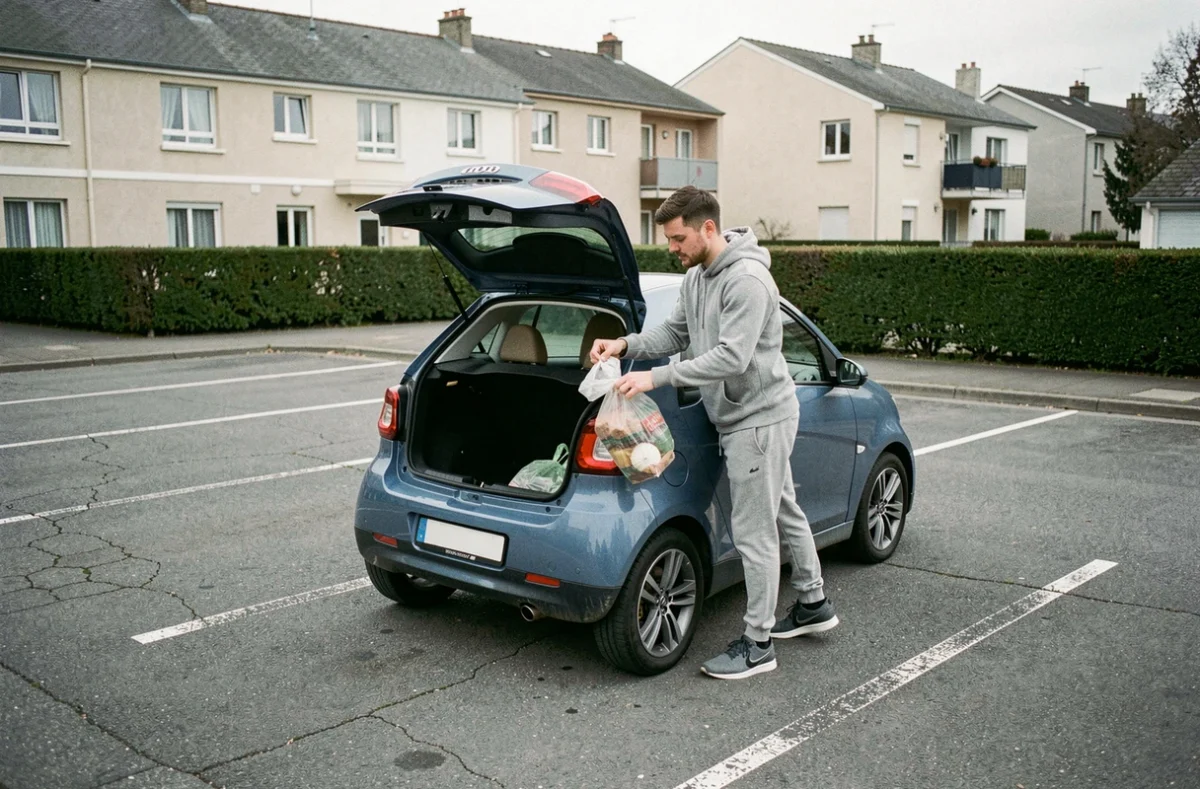Jeune homme chargeant ses courses dans le coffre d'une voiture sans permis en zone résidentielle