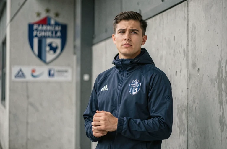 Matthis Abline, jeune footballeur professionnel français, posant dans un couloir de stade moderne en veste d'entraînement bleue marine