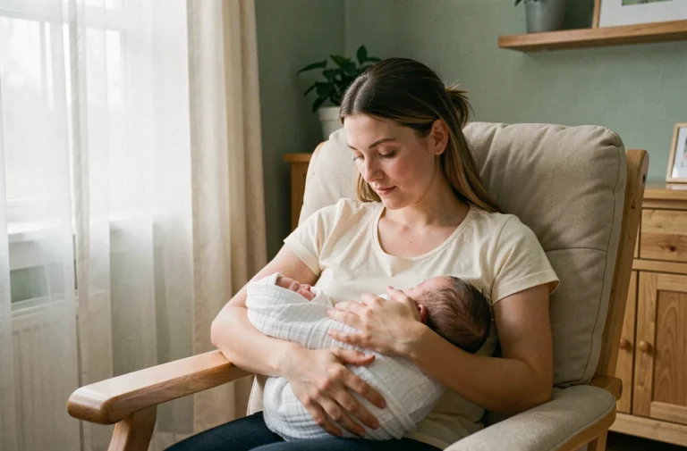 Jeune mère tenant un nourrisson emmailloté dans une couverture blanche dans une chambre de bébé apaisante