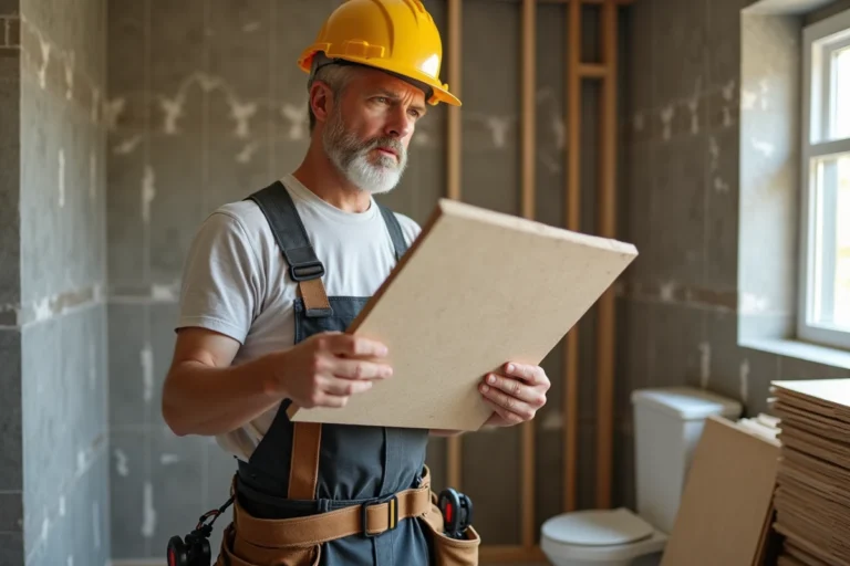 Hommes en travaux examinant une plaque de Duraboard dans une salle de bain