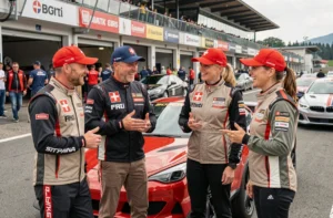Groupe de passionnés automobiles suisses en vestes de racing discutant autour d'une voiture de sport rouge dans un paddock