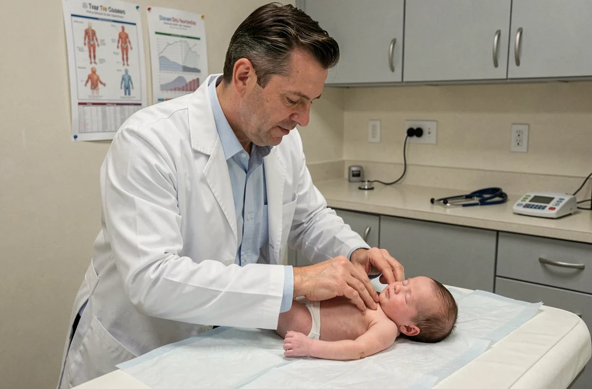 Pédiatre examinant un nourrisson lors d'une consultation médicale dans un cabinet pédiatrique