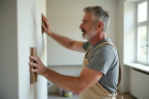 Homme ponçant un mur en plâtre avec du papier de verre avant de peindre dans une pièce en rénovation