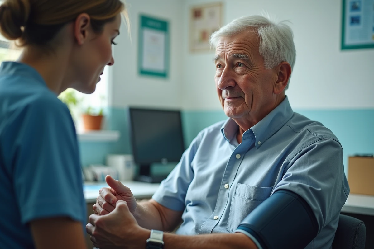 Infirmière ajuste un brassard de tension à un patient âgé