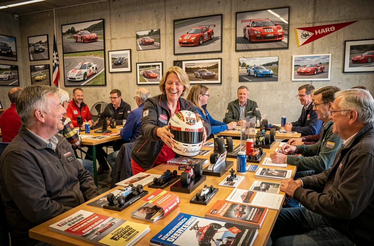 Rassemblement de fans de motorsport suisses dans un club automobile avec des objets de collection et des souvenirs de course