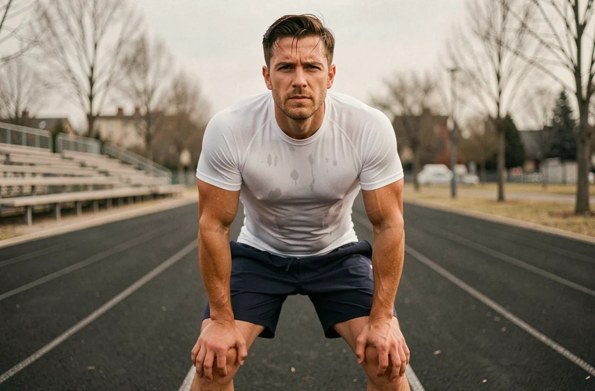 Homme en pause de récupération sur une piste d'athlétisme extérieure lors d'un entraînement HIIT