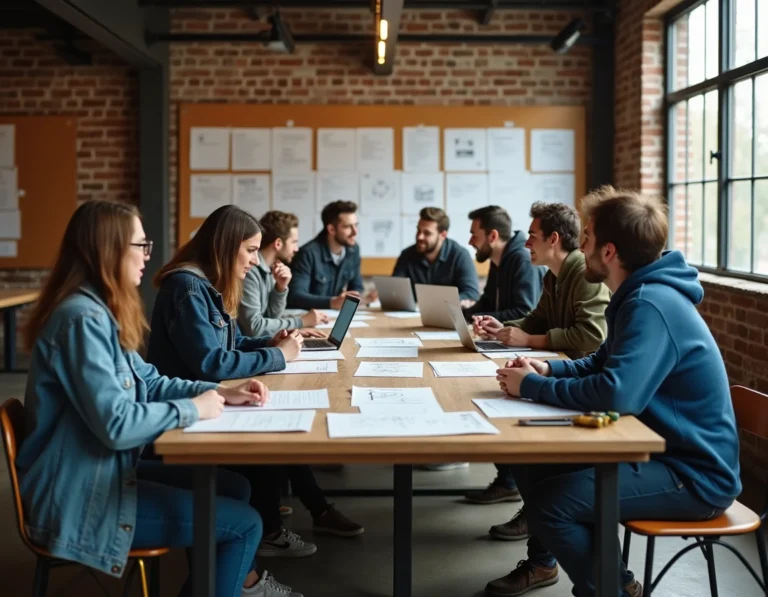 Groupe de militants adultes réunis autour d'une table en bois dans un espace industriel reconverti, discutant de transformation sociale collective