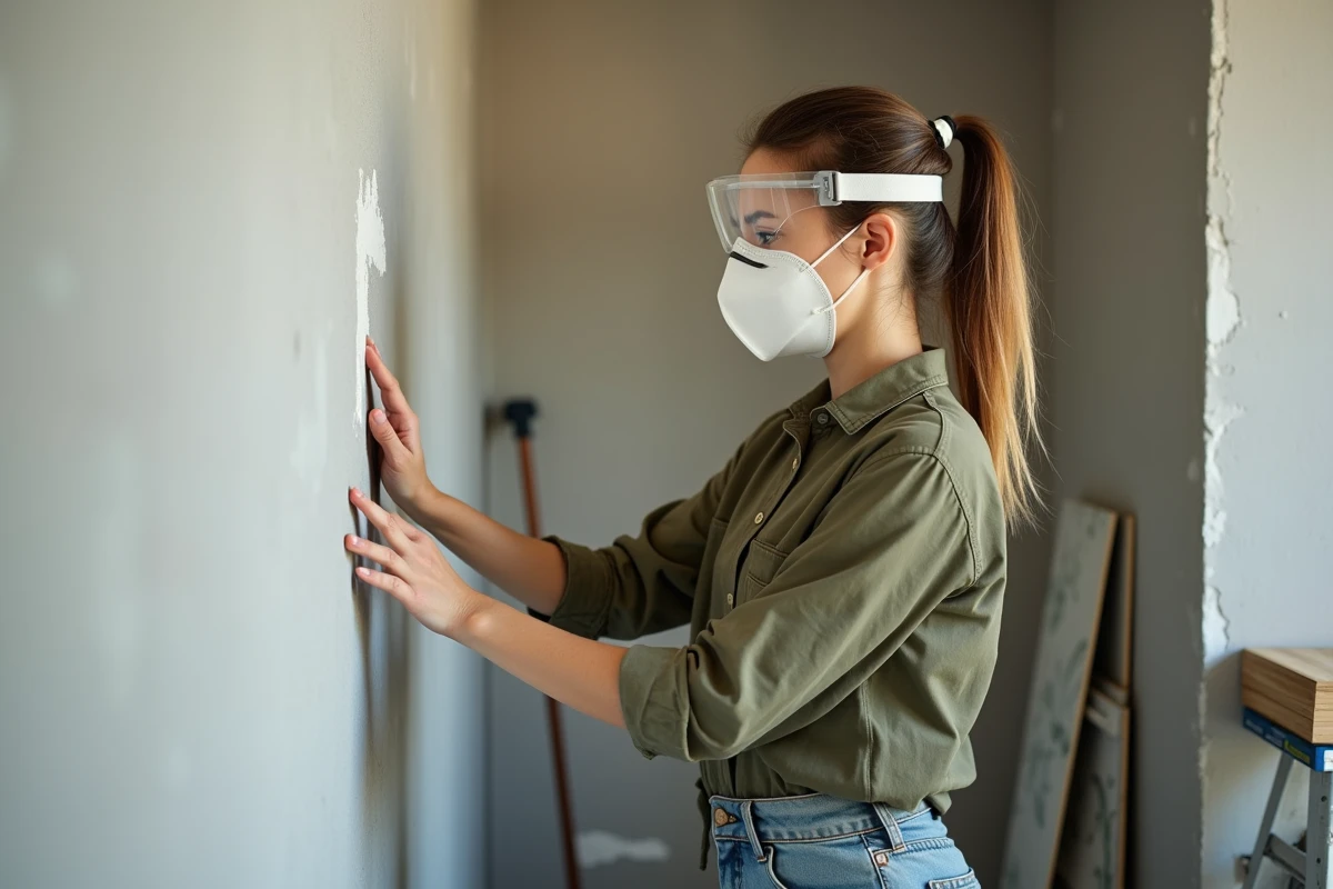 Femme vérifiant la surface d'un mur poncé du bout des doigts avant l'application de peinture dans une salle de bain en travaux